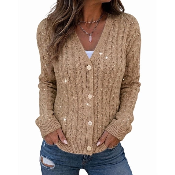 CHICME Cardigan Sweaters for Women Sparkle Rhinestone Cable Knit V-Neck Long Sleeve Button Down Lightweight Fall Sweater Khaki-M