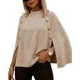 thumbnail image 1 of CHICME Fall Sweaters for Women Knit Gold Button Mock Neck Batwing Sleeve Cape Style Tops Loose Fit Side Slit Pullover khaki-L, 1 of 9