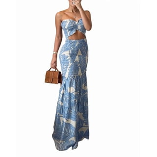 ChicMe Summer Dresses for Women Floral Printed Strapless Ruched Ruffle Hem Bodycon Party Vacation Dress Blue-L