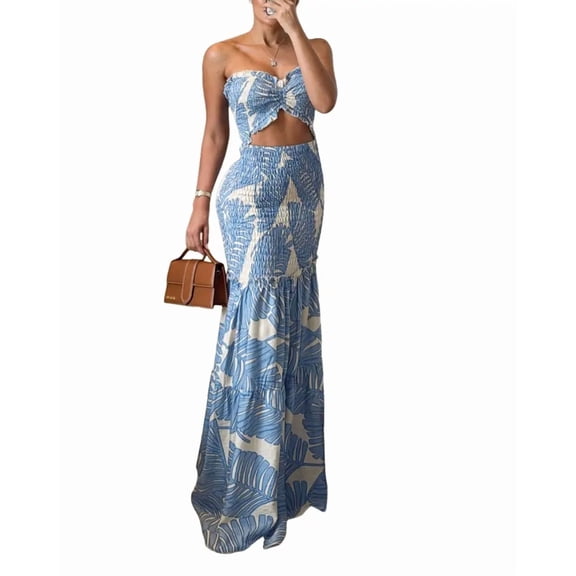 ChicMe Summer Dresses for Women Floral Printed Strapless Ruched Ruffle Hem Bodycon Party Vacation Dress Blue-L