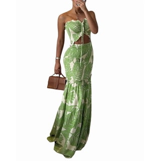 ChicMe Summer Dresses for Women Floral Printed Strapless Ruched Ruffle Hem Bodycon Party Vacation Dress Green-M