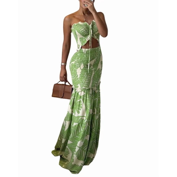 ChicMe Summer Dresses for Women Floral Printed Strapless Ruched Ruffle Hem Bodycon Party Vacation Dress Green-XL