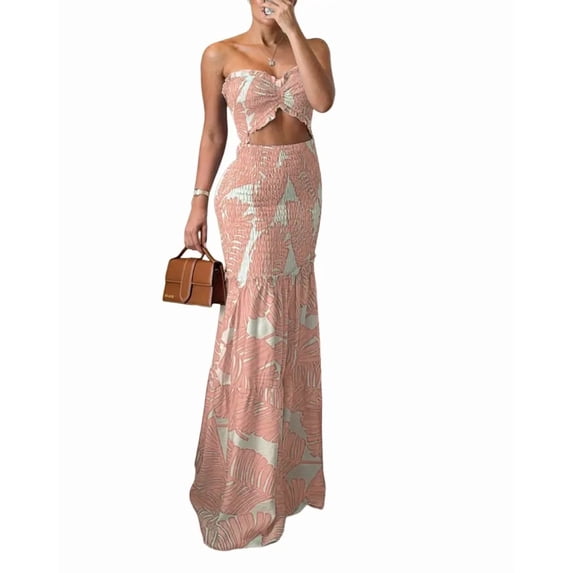 ChicMe Summer Dresses for Women Floral Printed Strapless Ruched Ruffle Hem Bodycon Party Vacation Dress Pink-M
