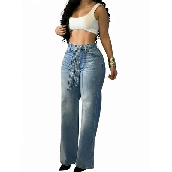 CHICME Jeans for Women Rhinestone High Waist Wide Leg Casual Boyfriend Denim Pants with Matching Sparkly Belt Blue-S