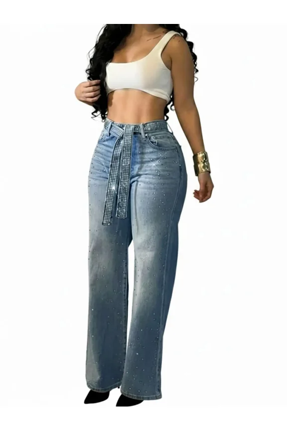 Jeans for Women Rhinestone High Waist Wide Leg Casual Boyfriend Denim Pants with Matching Sparkly Belt Blue-L