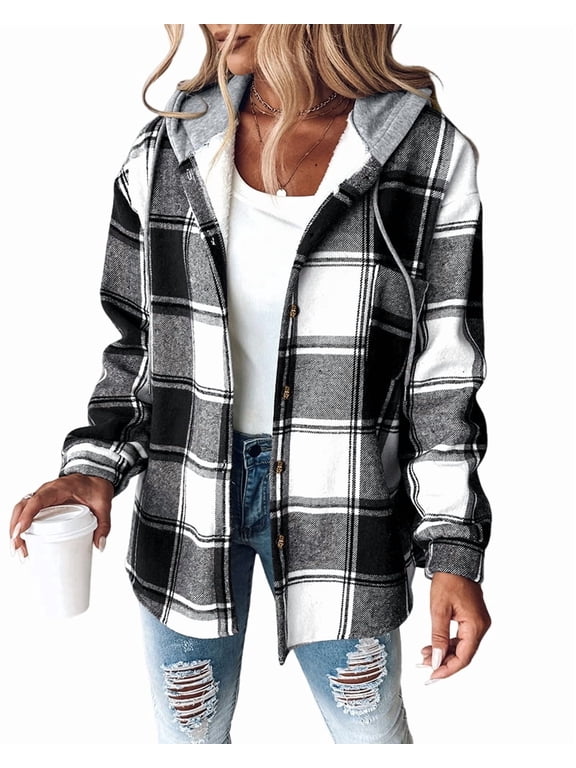 Jackets for Women Plaid Print Hooded Long Sleeve Shacket Fleece Lined Lightweight Casual Jacket Black-L
