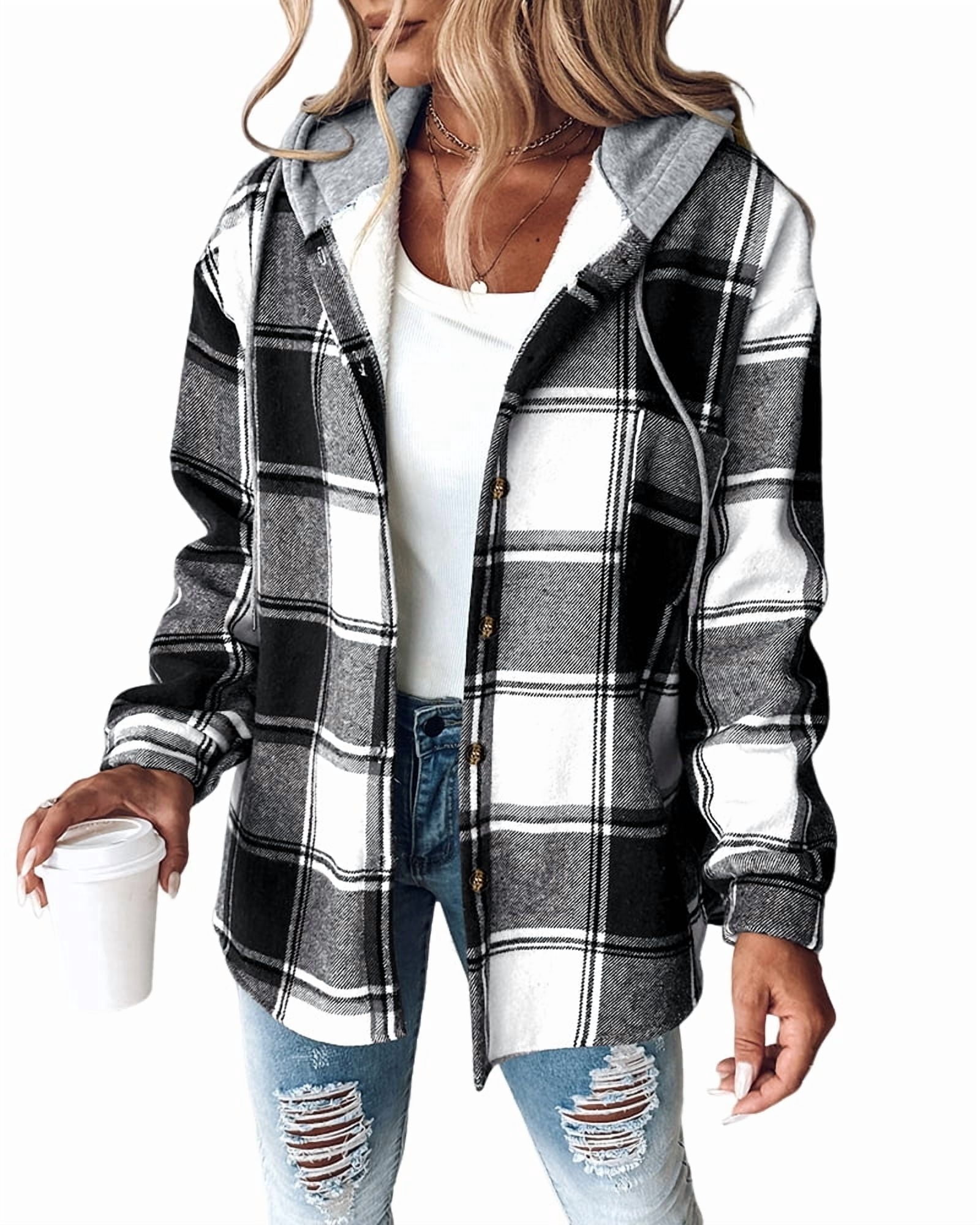 ChicMe Jackets for Women Plaid Print Hooded Long Sleeve Shacket Fleece Lined Lightweight Casual Jacket Black-L