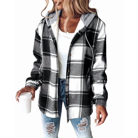 ChicMe Jackets for Women Plaid Print Hooded Long Sleeve Shacket Fleece Lined Lightweight Casual Jacket Black-XL