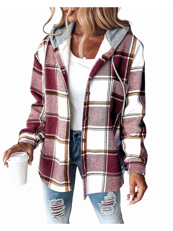 Jackets for Women Plaid Print Hooded Long Sleeve Shacket Fleece Lined Lightweight Casual Jacket Red-L