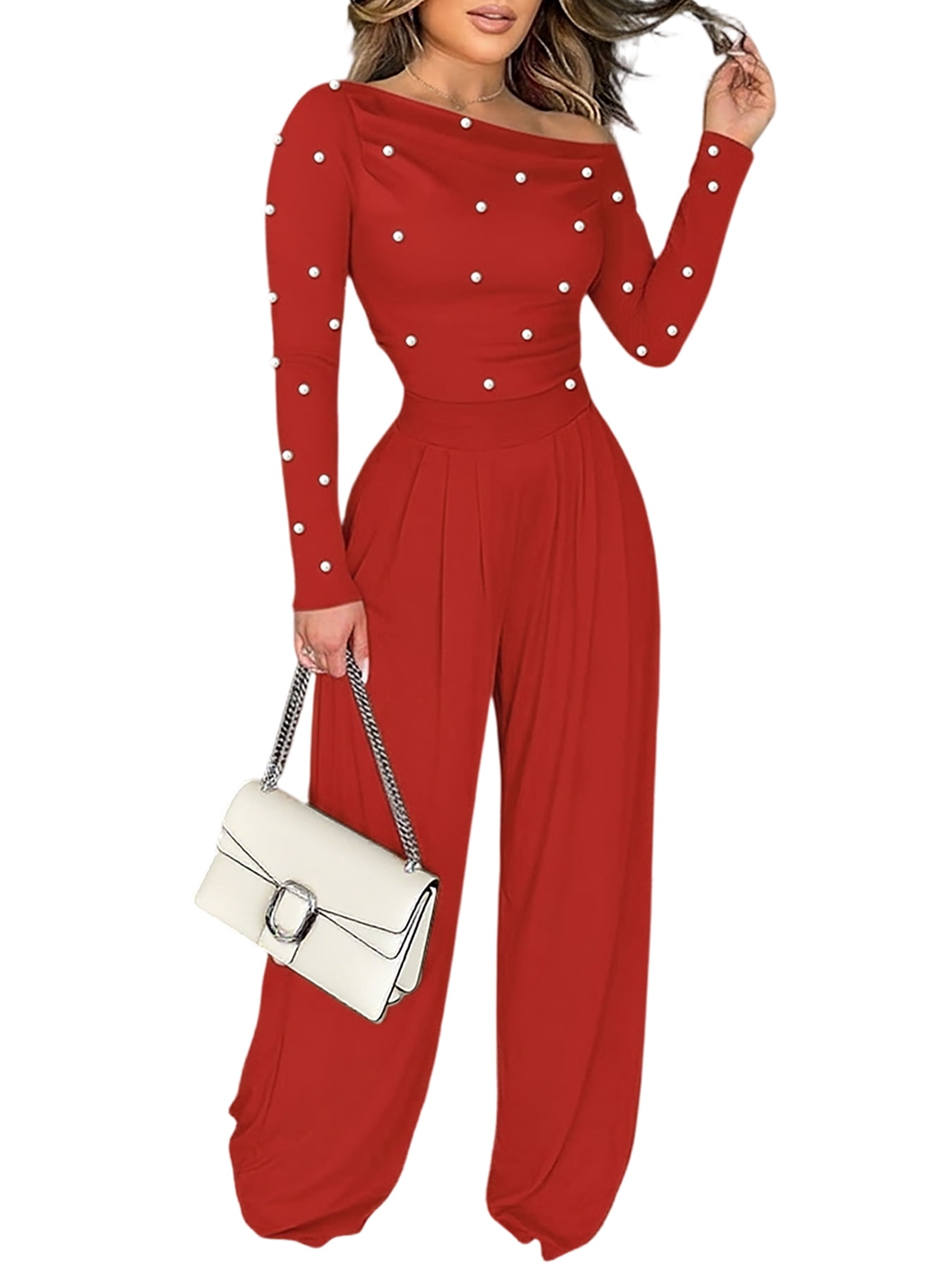CHICME Jumpsuits for Women Dressy Pearls Decor Long Sleeve Casual ...