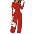 thumbnail image 1 of CHICME Jumpsuits for Women Dressy Pearls Decor Long Sleeve Casual Ruched Wide Leg Rompers Red-M, 1 of 8