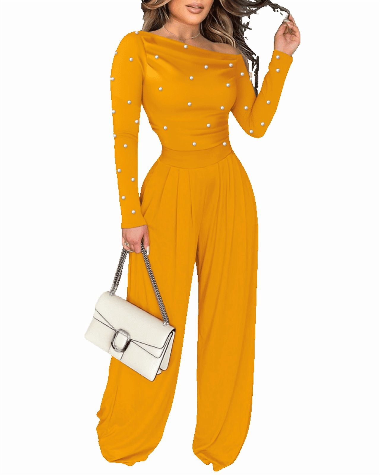 CHICME Jumpsuits for Women Dressy Pearls Decor Long Sleeve Casual ...
