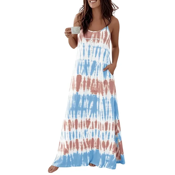 CHICME Nightgowns for Women Tie-Dye Print Spaghetti Strap Sleeveless Long house Dresses Women Nightshirts & Gowns with Pockets Lighted Blue-XL