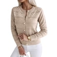 thumbnail image 1 of CHICME Pearl Beaded Cardigan Sweaters for Women Pointelle Knit Crew Neck Long Sleeve Button Front Lightweight Fall Sweater Khaki-L, 1 of 9