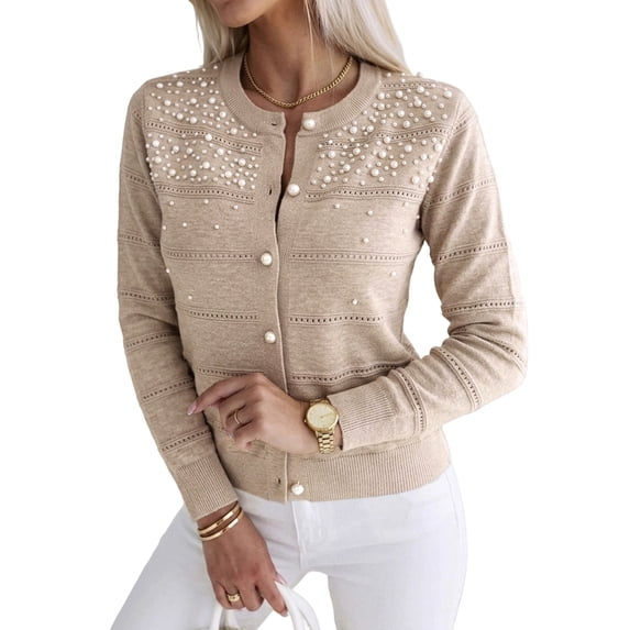 CHICME Pearl Beaded Cardigan Sweaters for Women Pointelle Knit Crew Neck Long Sleeve Button Front Lightweight Fall Sweater Khaki-L