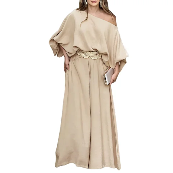 CHICME Womens Outfit Sets Skew Neck Lantern Sleeve Loose Tops and Zipper Fly Wide Leg Pants Two Piece Sets for Women Beige-S
