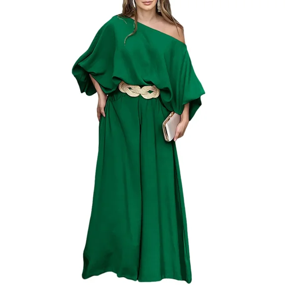 CHICME Womens Outfit Sets Skew Neck Lantern Sleeve Loose Tops and Zipper Fly Wide Leg Pants Two Piece Sets for Women Dark Green-2XL