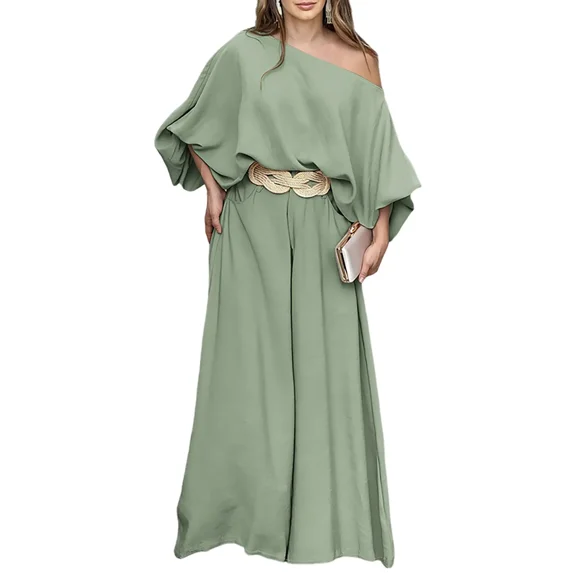 CHICME Womens Outfit Sets Skew Neck Lantern Sleeve Loose Tops and Zipper Fly Wide Leg Pants Two Piece Sets for Women Green-S