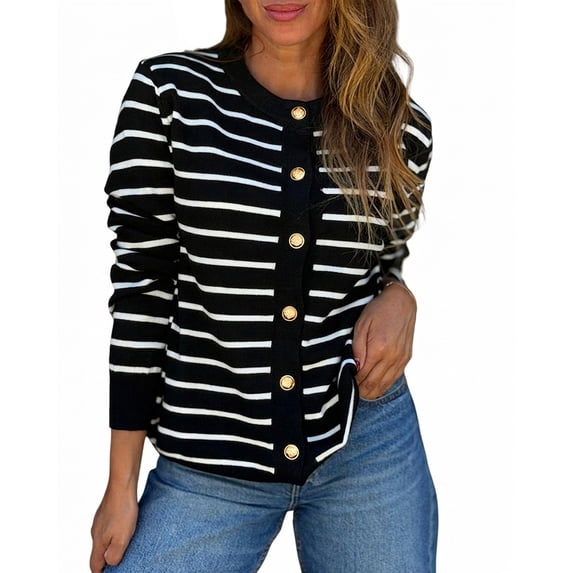 CHICME Striped Cardigan Sweaters for Women Crew Neck Long Sleeve Button Down Lightweight Fall Knit Sweater Black-L