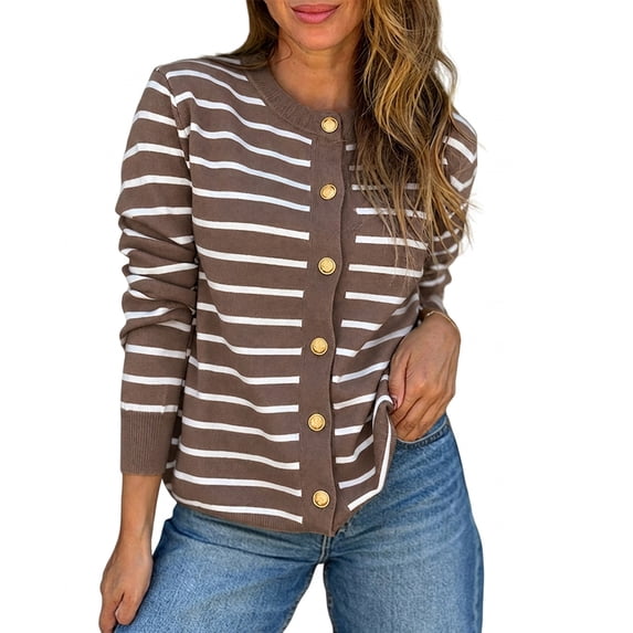 CHICME Striped Cardigan Sweaters for Women Crew Neck Long Sleeve Button Down Lightweight Fall Knit Sweater Khaki-XL