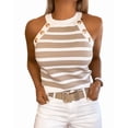 thumbnail image 1 of CHICME Tank Tops for Women Gold Button Striped Print Crew Neck Sleeveless Knit Vest Slim Fit Daily Commute Camisole Summer Top Khaki-L, 1 of 8