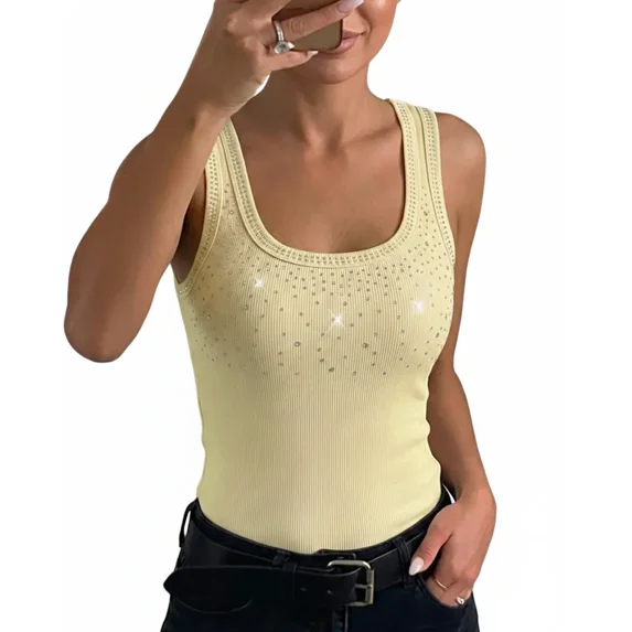 CHICME Tank Tops For Women Rhinestone Solid Color Sleeveless Ribbed Fitted Camisole Summer Top Going Out Vest Yellow-M