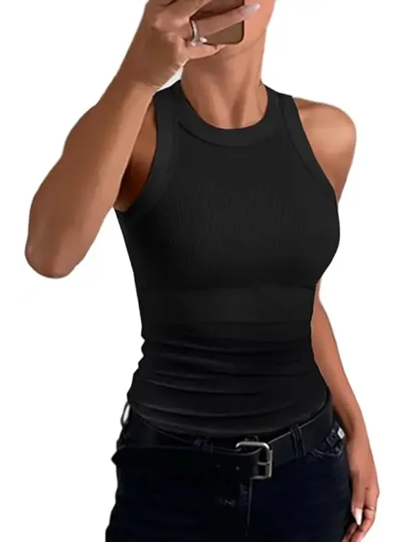 Tank Tops for Women Solid Color O-Neck Sleeveless Elastic Slim Fit Basic Vest Casual Womens Top(Without Pads) Black-M
