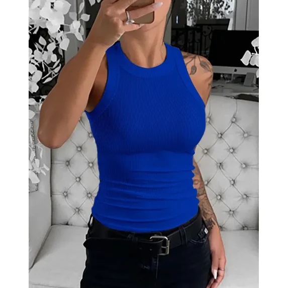 CHICME Tank Tops for Women Solid Color O-Neck Sleeveless Basic Slim Fit Skinny Tank Casual Top(Without Pads)-Bl-Xl