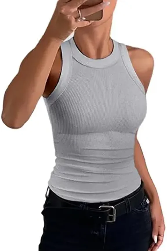 Tank Tops for Women Solid Color O-Neck Sleeveless Elastic Slim Fit Basic Vest Casual Womens Top(Without Pads) Gray-S