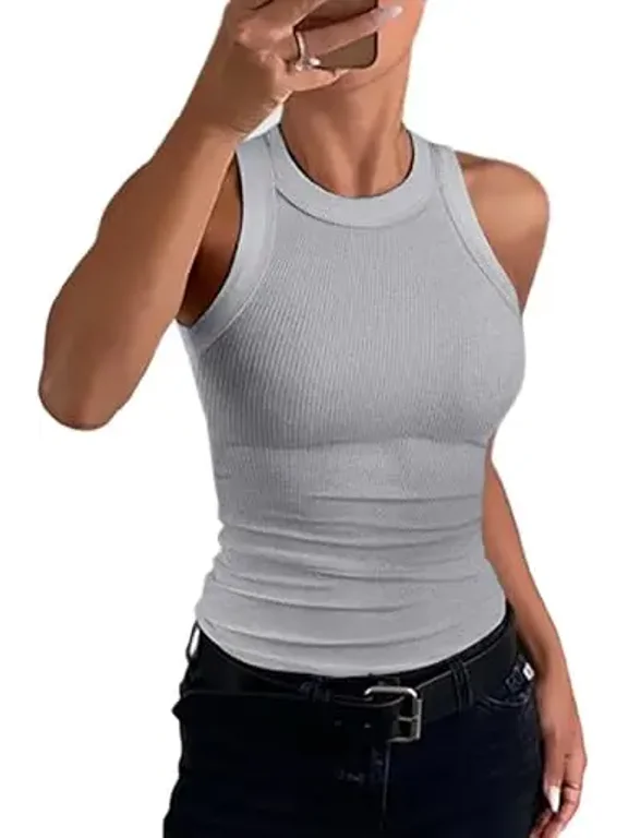 Tank Tops for Women Solid Color O-Neck Sleeveless Elastic Slim Fit Basic Vest Casual Womens Top(Without Pads) Gray-XL