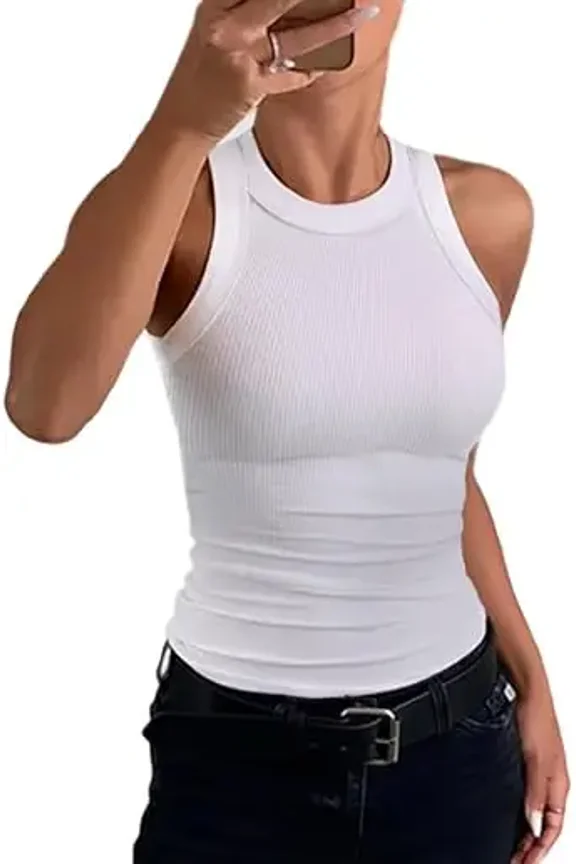 Tank Tops for Women Solid Color O-Neck Sleeveless Elastic Slim Fit Basic Vest Casual Womens Top(Without Pads) White-XL