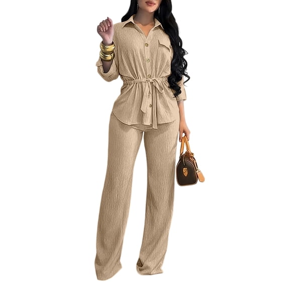 ChicMe Two Piece Sets for Women Lapel Long Sleeve Drawstring Waist Button Down Shirt and Wide Leg Pants Casual Dressy Womens Outfit Beige-S