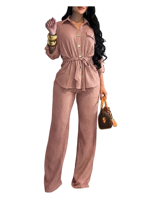 Two Piece Sets for Women Lapel Long Sleeve Drawstring Waist Button Down Shirt and Wide Leg Pants Casual Dressy Womens Outfit Pink-L