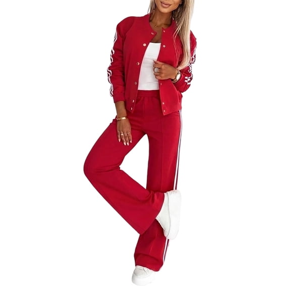 CHICME Two Piece Sets for Women Striped Tape Long Sleeve Bomber Jacket and Elastic Wide Leg Sporty Pants Sweatsuits Red-L