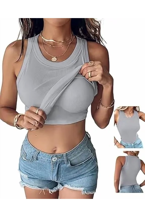 Womens Built in Bras Tank Tops Sleeveless Casual Shirts Racerback Ribbed Tank Top Gray-L