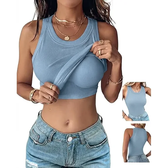 CHICME Womens Built in Bras Tank Tops Sleeveless Casual Shirts Racerback Ribbed Tank Top Misty Blue-L