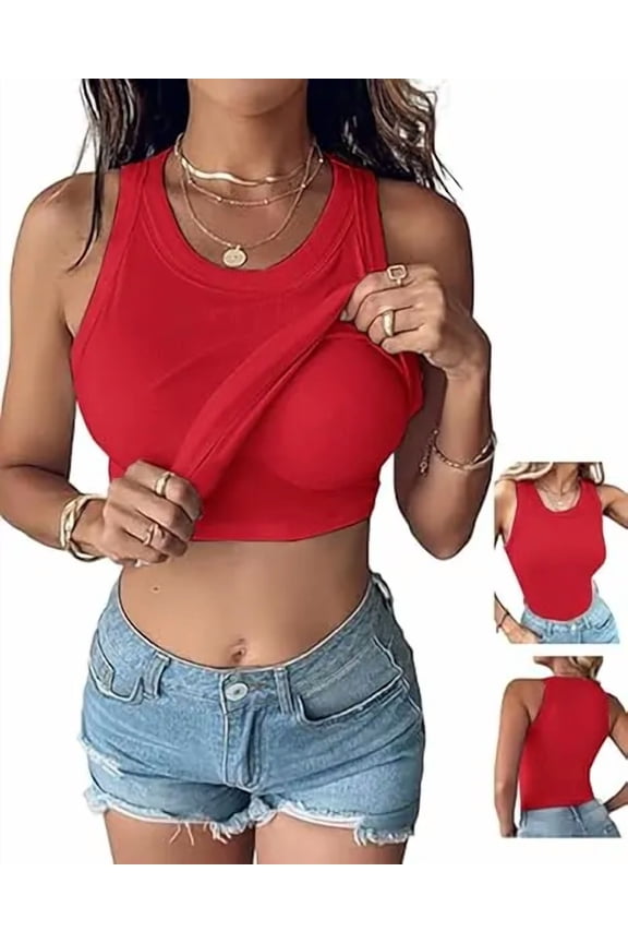 Womens Built in Bras Tank Tops Sleeveless Casual Shirts Racerback Ribbed Tank Top Red-M