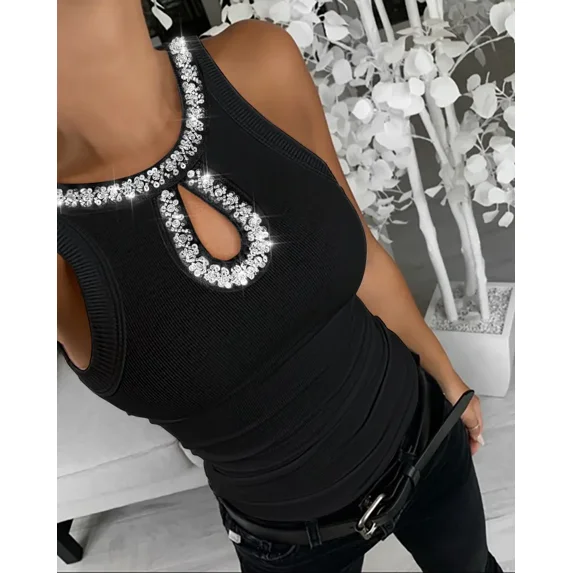 CHICME Tank Tops for Women Rhinestone Solid Color Keyhole Collar Sleeveless Sequin Knit Ribbed Slim Basic Top Black-L