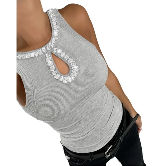 CHICME Tank Tops for Women Rhinestone Solid Color Keyhole Collar Sleeveless Sequin Knit Ribbed Slim Basic Top Gray-S