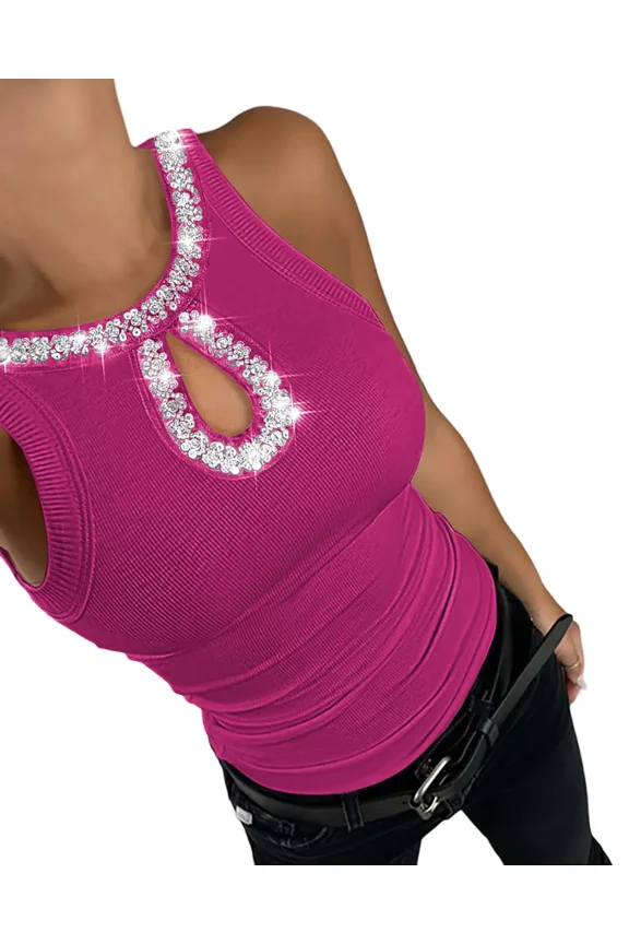 Tank Tops for Women Rhinestone Solid Color Keyhole Collar Sleeveless Sequin Knit Ribbed Slim Basic Top Hot Pink-L