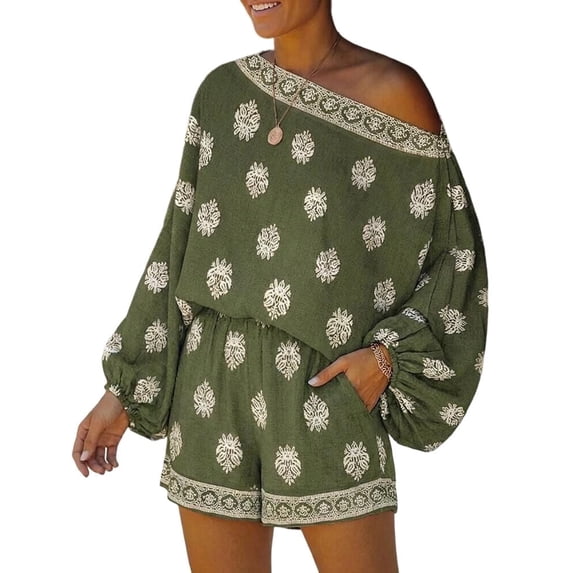 CHICME Outfit Sets for Women Asymmetrical One Shoulder Long Sleeve Elegant Tops with High Waist Irregular Hem Wide Leg Shorts Green-L