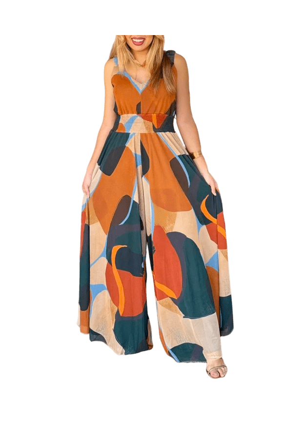 Women’s Jumpsuit Abstract Print V Neck Sleeveless Backless High Cinched Waist Wide Leg Overalls with Pockets Casual Beach Romper Multicolor-XL