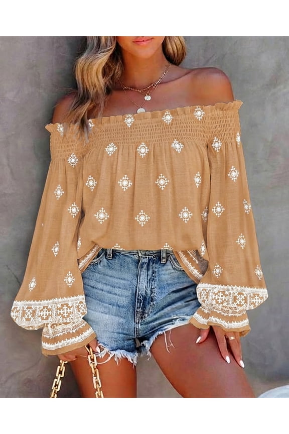 Womens Boho Off The Shoulder Blouse Long Lantern Sleeve Tribal Print Shirred Smocked Neck Frill Hem Casual Loose Vacation Clothes