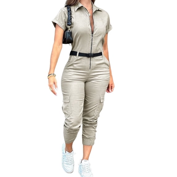 CHICME Jumpsuits for Women Solid Color Short Sleeve Turn Down Collar Casual Zip Up Jumpsuits Pocket Design Cargo Romper Brown-L