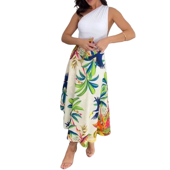 CHICME Skirts for Women Boho Tropical Floral Print Wrap Self Tie High Waist Brazilian Beach Vacation Long Skirt Beige-S