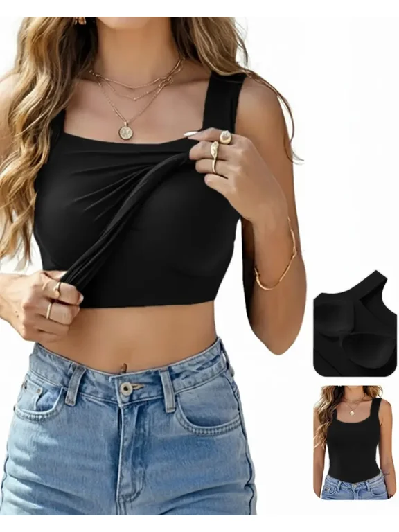 Womens Tank Tops With Built In Bras U-Neck Sleeveless Vest Elastic Slim Fit Shapewear Camisole Black-L