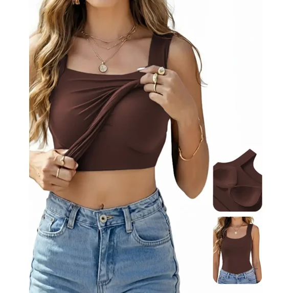 CHICME Womens Tank Tops With Built In Bras U-Neck Sleeveless Vest Elastic Slim Fit Shapewear Camisole Coffee-L