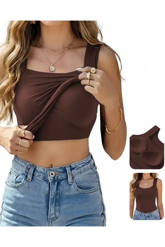 Womens Tank Tops With Built In Bras U-Neck Sleeveless Vest Elastic Slim Fit Shapewear Camisole Coffee-XXL