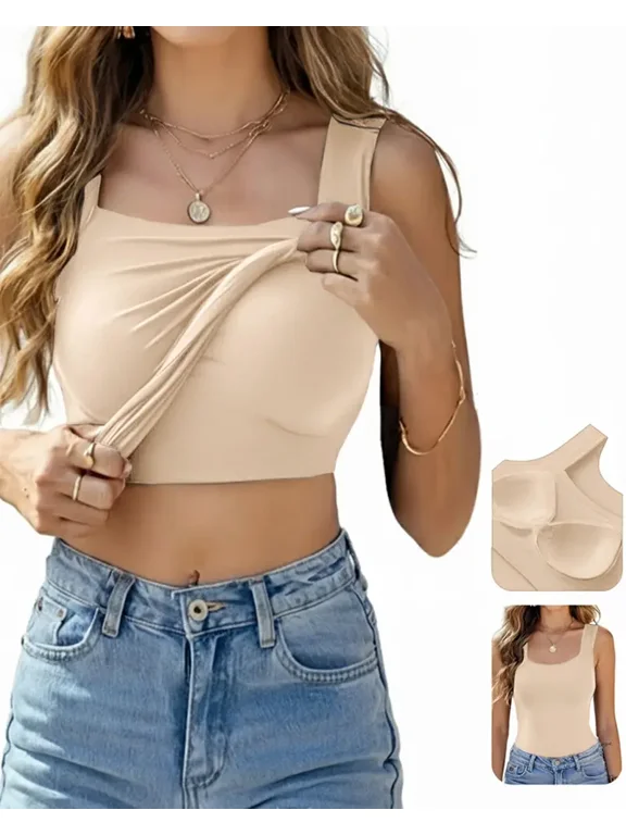 Womens Tank Tops With Built In Bras U-Neck Sleeveless Vest Elastic Slim Fit Shapewear Camisole Beige-L