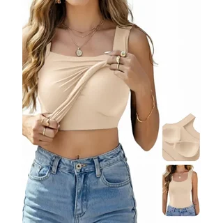 CHICME Womens Tank Tops With Built In Bras U-Neck Sleeveless Vest Elastic Slim Fit Shapewear Camisole Beige-M